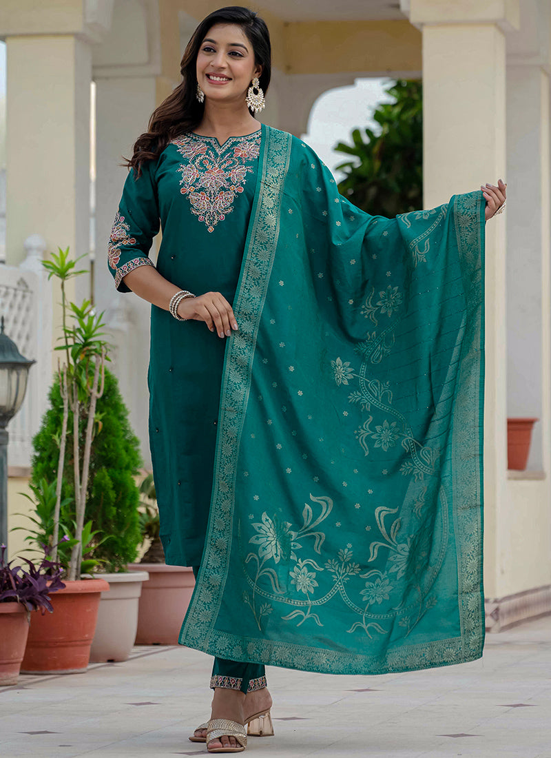 Rama Green Roman Silk Embroidered Festive Kurta Set
