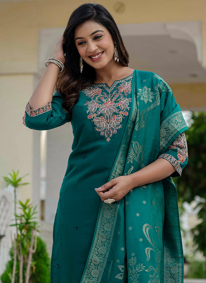 Rama Green Roman Silk Embroidered Festive Kurta Set