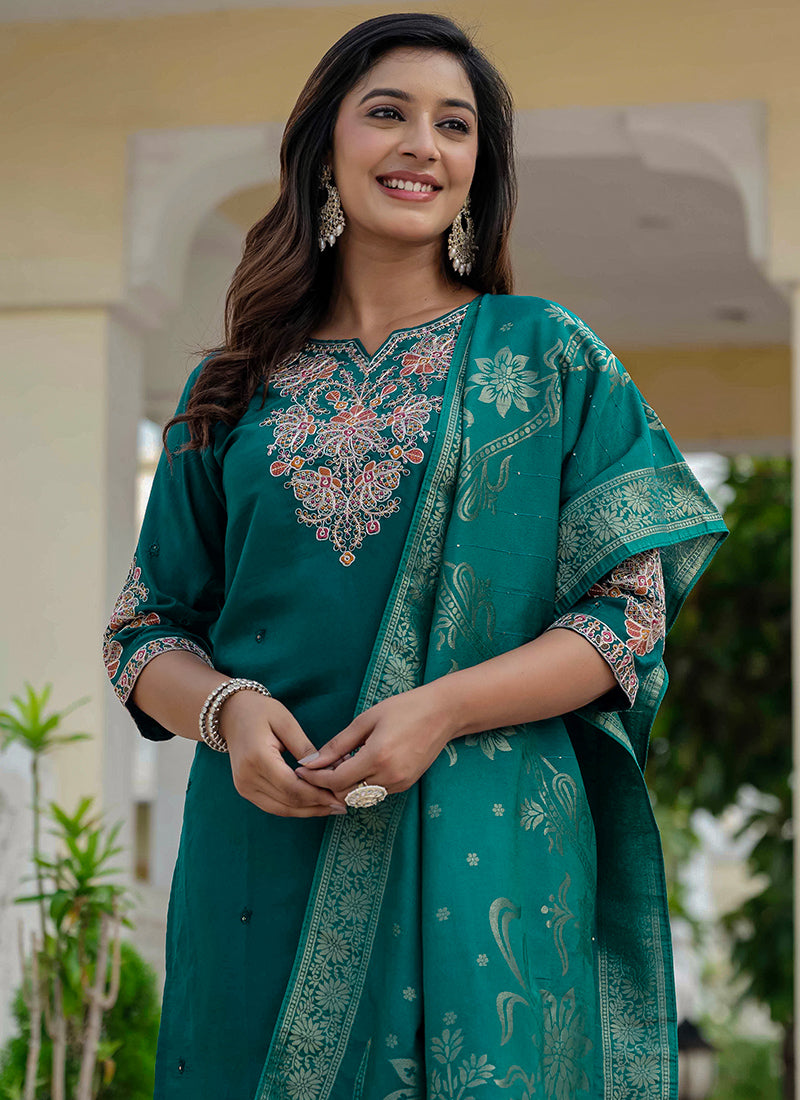 Rama Green Roman Silk Embroidered Festive Kurta Set