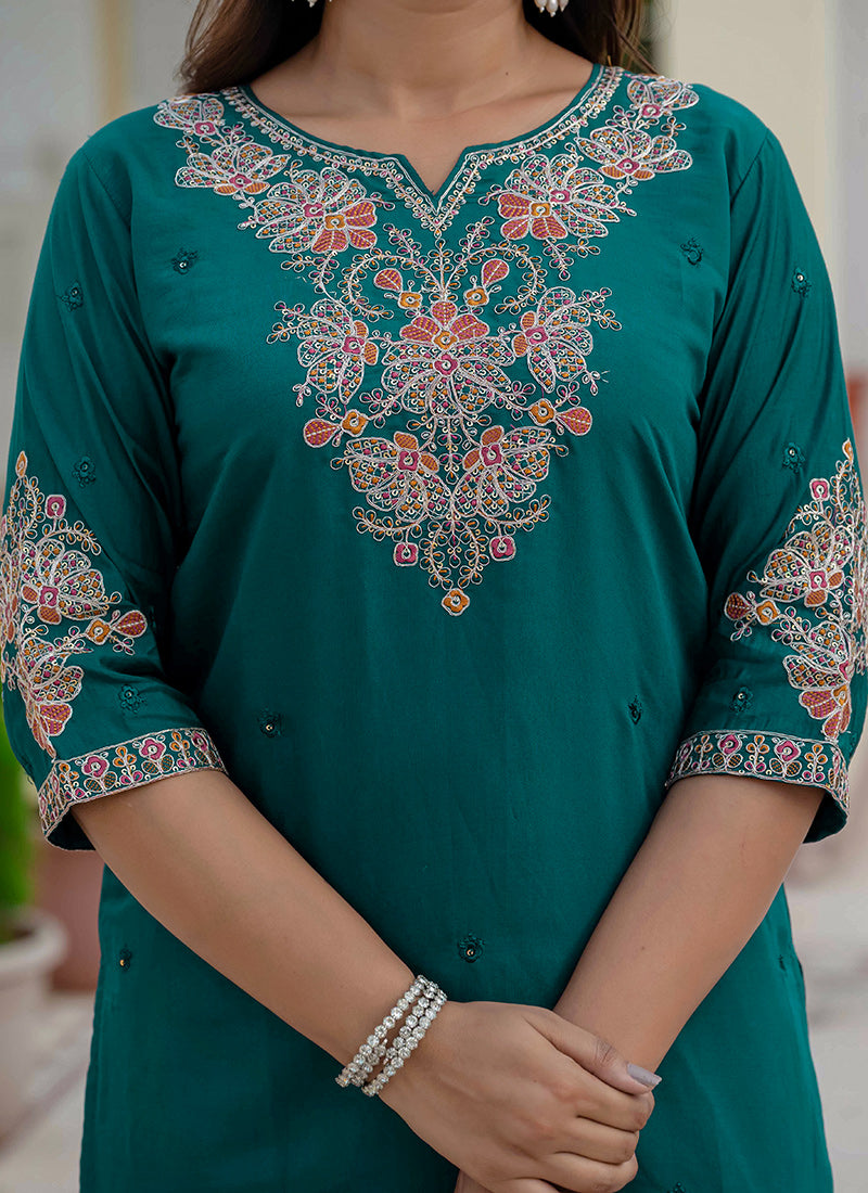 Rama Green Roman Silk Embroidered Festive Kurta Set