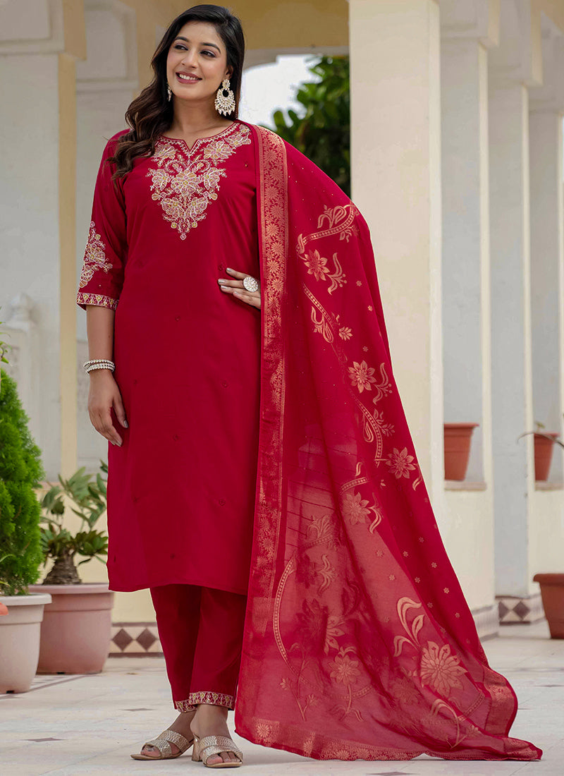 Maroon Embroidered Roman Silk Festive Kurta Set