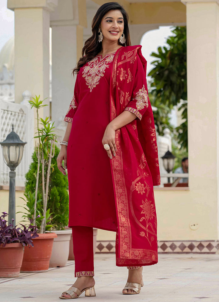 Maroon Embroidered Roman Silk Festive Kurta Set