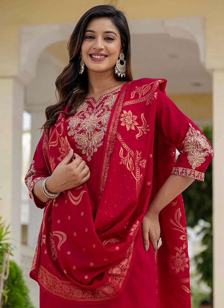 Maroon Embroidered Roman Silk Festive Kurta Set