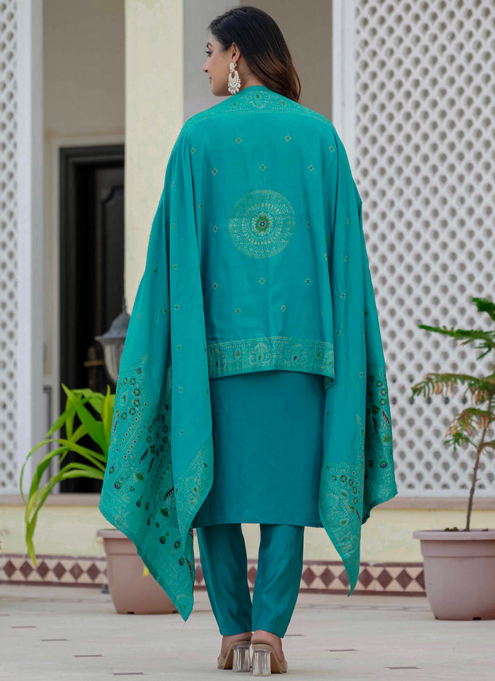 Firozi Roman Silk Thread Embroidered Salwar Set