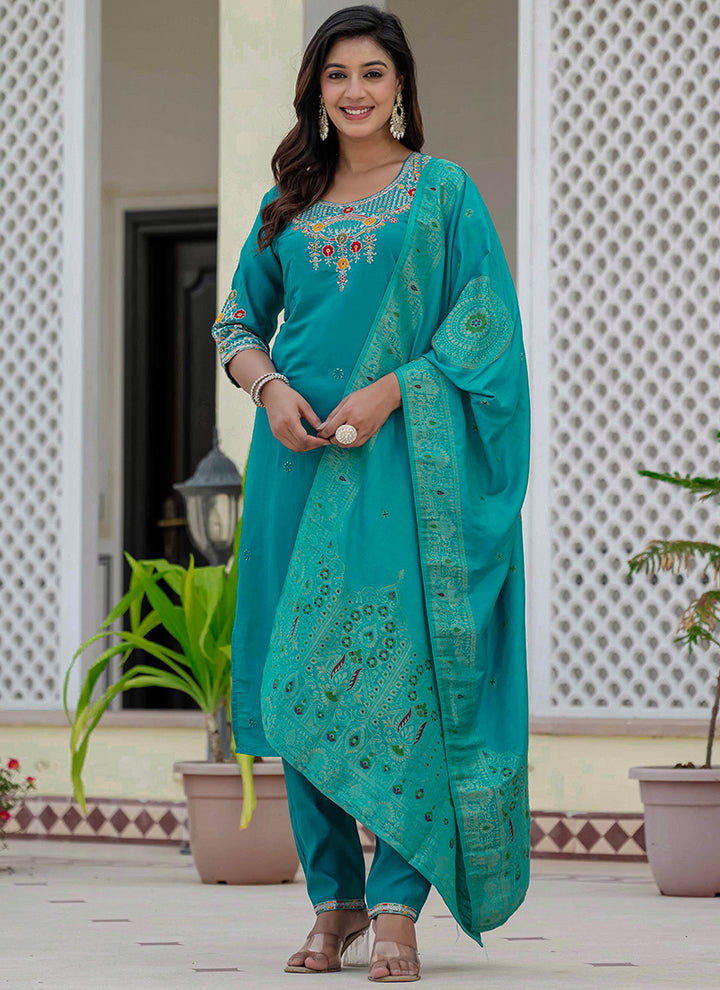 Firozi Roman Silk Thread Embroidered Salwar Set