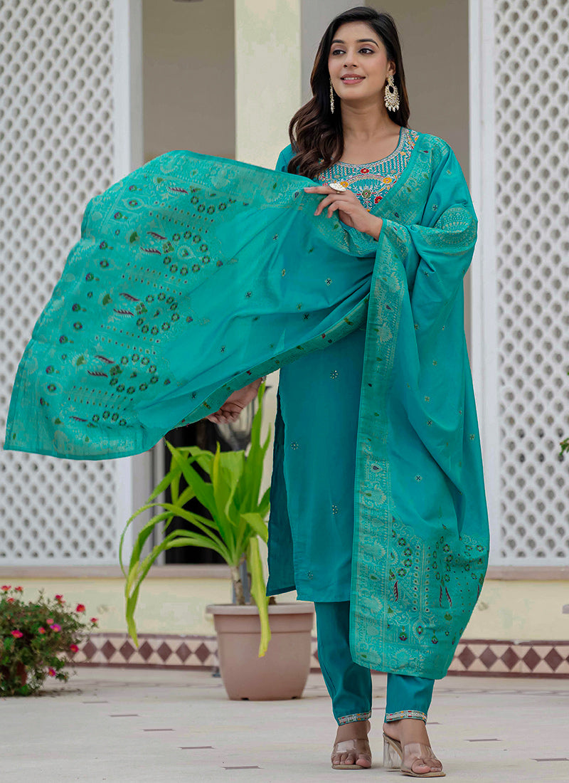 Firozi Roman Silk Thread Embroidered Salwar Set