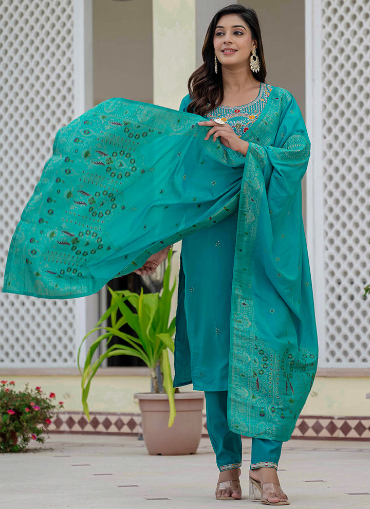 Firozi Roman Silk Thread Embroidered Salwar Set