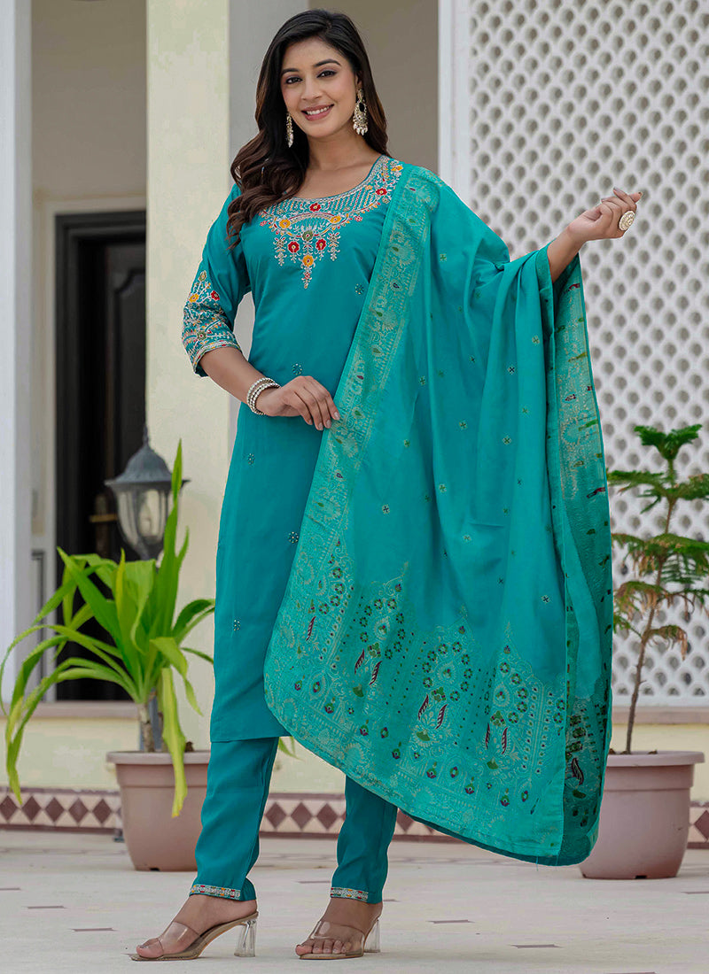 Firozi Roman Silk Thread Embroidered Salwar Set