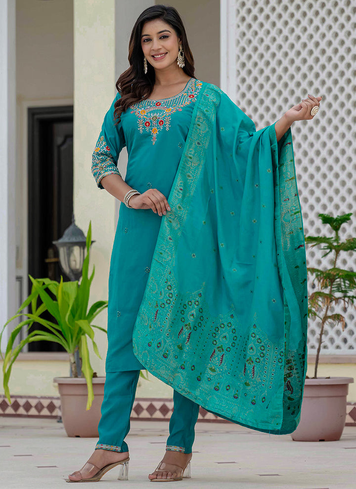 Firozi Roman Silk Thread Embroidered Salwar Set