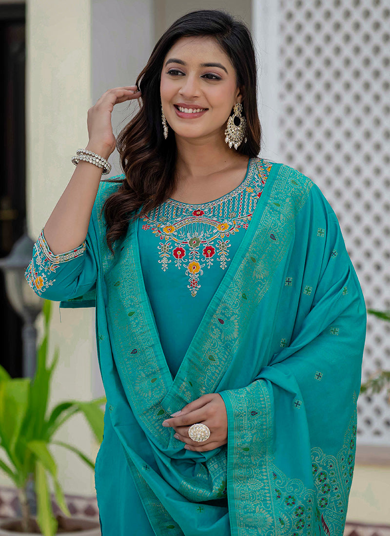 Firozi Roman Silk Thread Embroidered Salwar Set