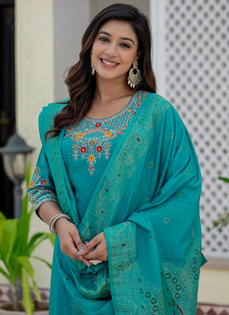 Firozi Roman Silk Thread Embroidered Salwar Set