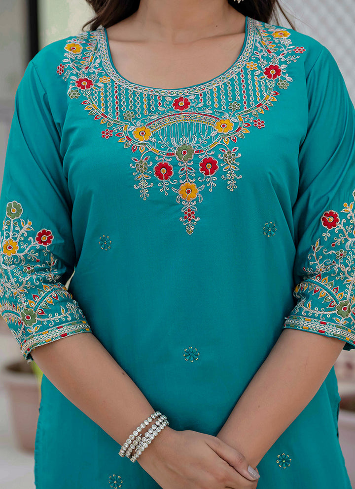 Firozi Roman Silk Thread Embroidered Salwar Set