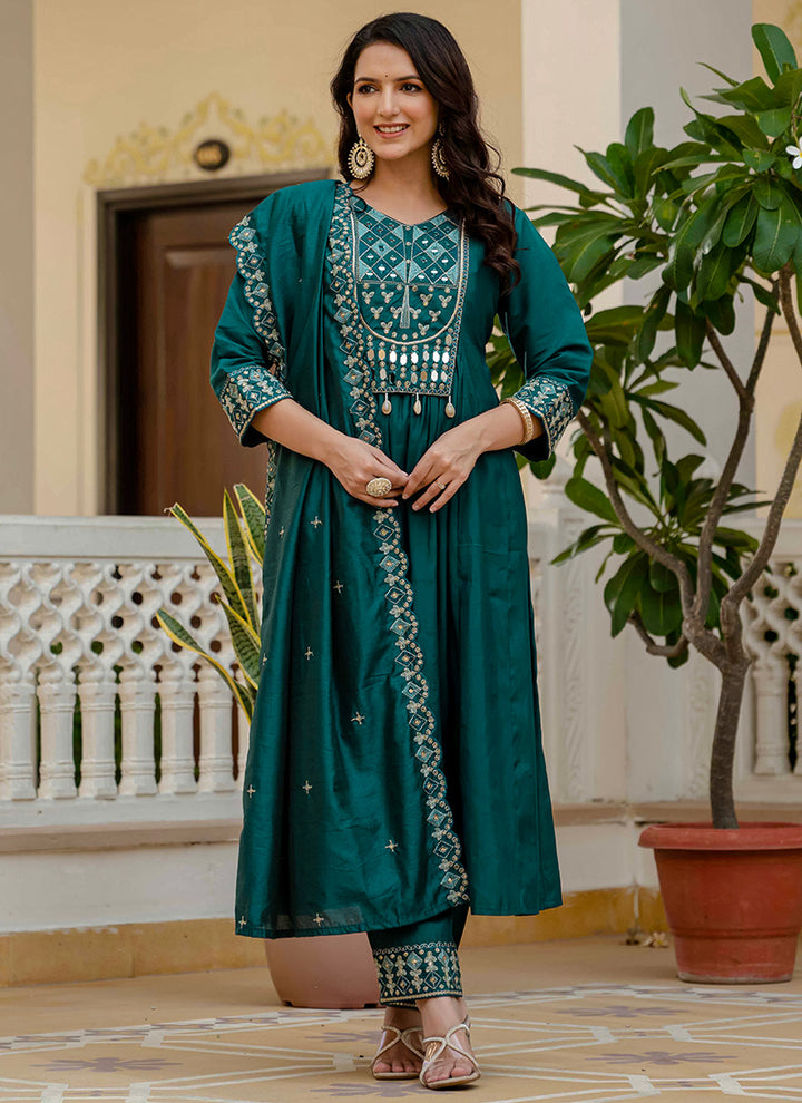 Teal Viscose Roman Silk Layered Kurta Set