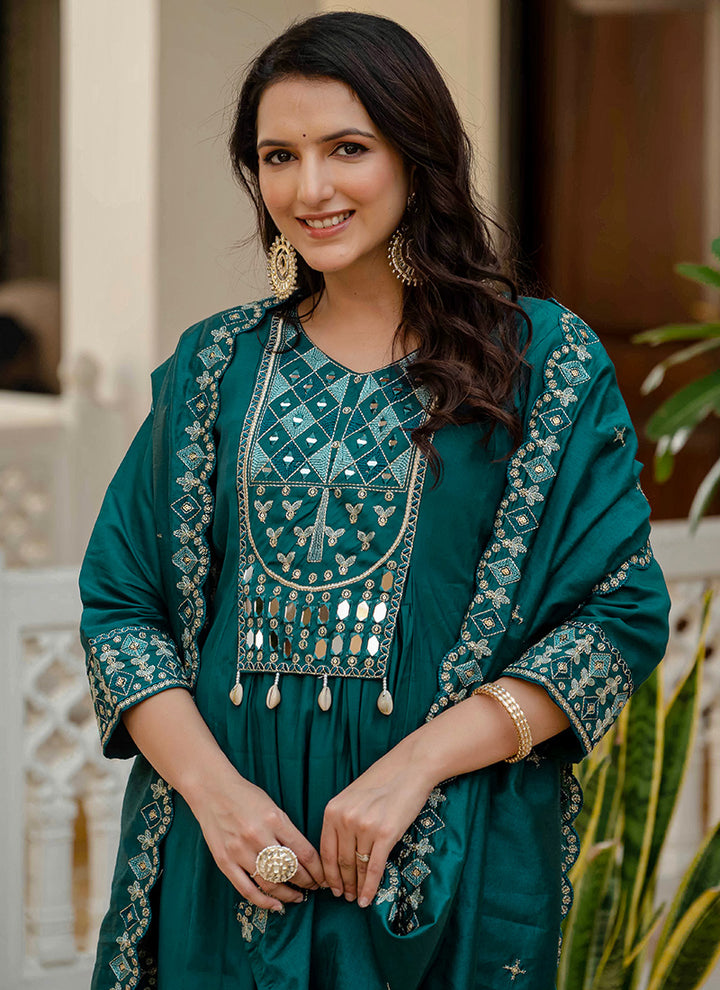 Teal Viscose Roman Silk Layered Kurta Set