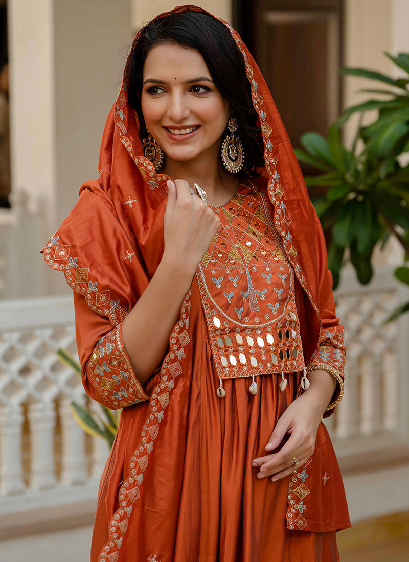 Orange Viscose Roman Silk Layered Kurta Set
