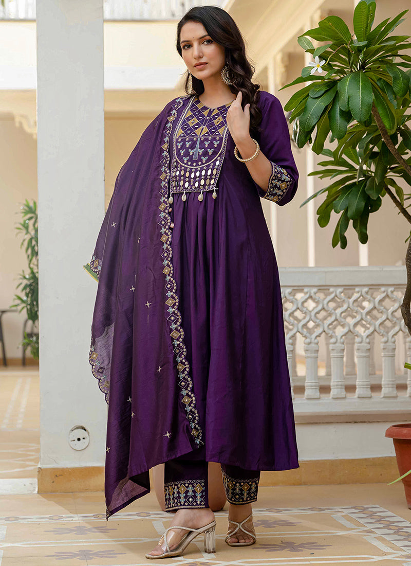 Purple Viscose Roman Silk Layered Kurta Set