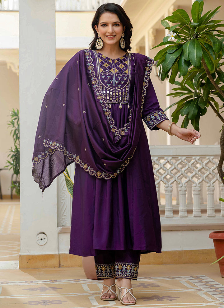 Purple Viscose Roman Silk Layered Kurta Set