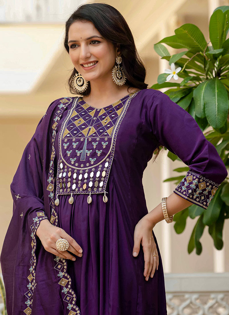Purple Viscose Roman Silk Layered Kurta Set