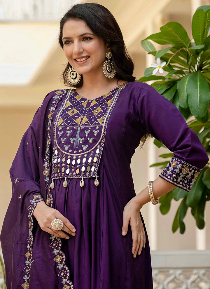 Purple Viscose Roman Silk Layered Kurta Set