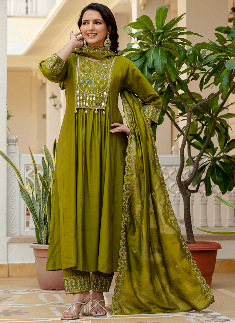 Mehndi Green Viscose Roman Silk Layered Kurta Set