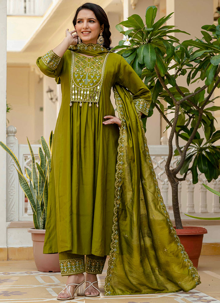 Mehndi Green Viscose Roman Silk Layered Kurta Set