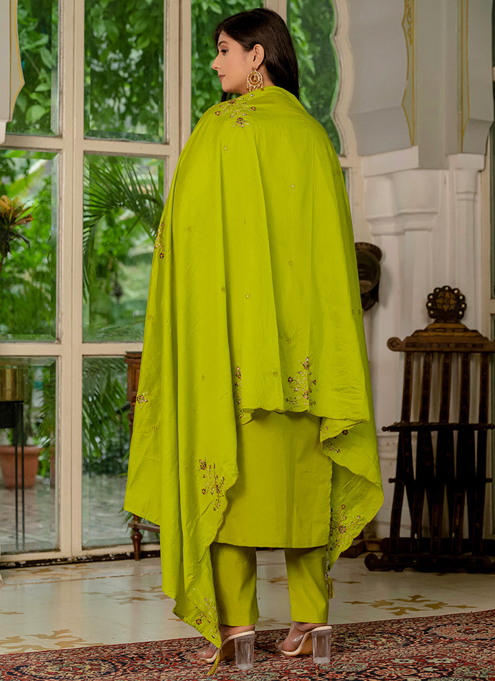 Marina Silk Embroidered Parrot Green Festive Kurta Set