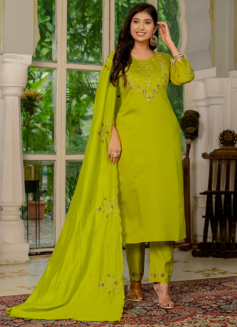 Marina Silk Embroidered Parrot Green Festive Kurta Set