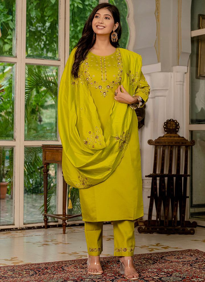 Light Green Marina Silk Embroidered Festive Kurta Set