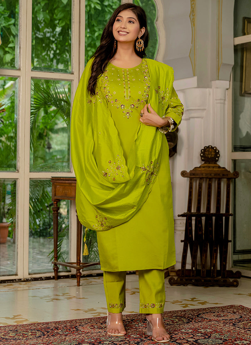 Marina Silk Embroidered Parrot Green Festive Kurta Set