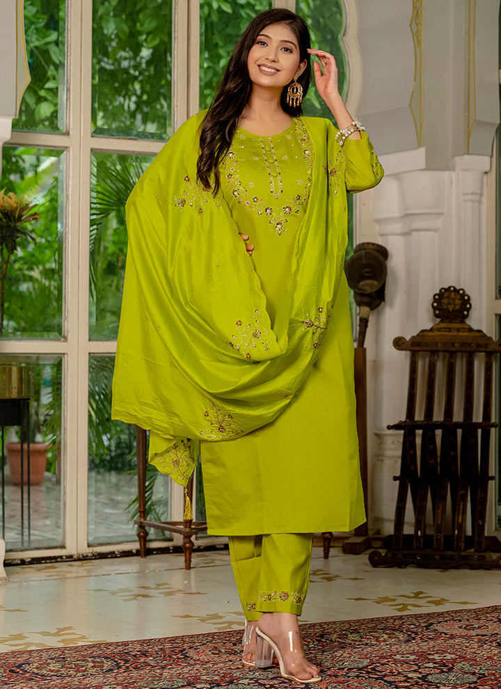 Marina Silk Embroidered Parrot Green Festive Kurta Set