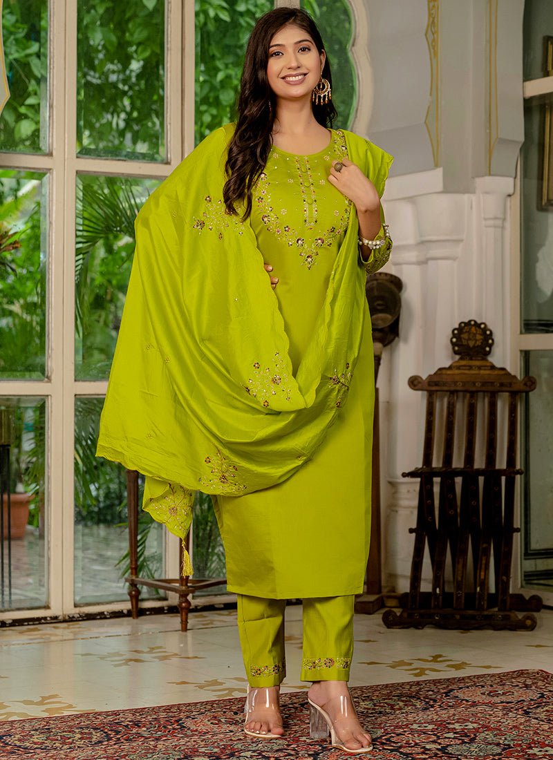 Marina Silk Embroidered Parrot Green Festive Kurta Set