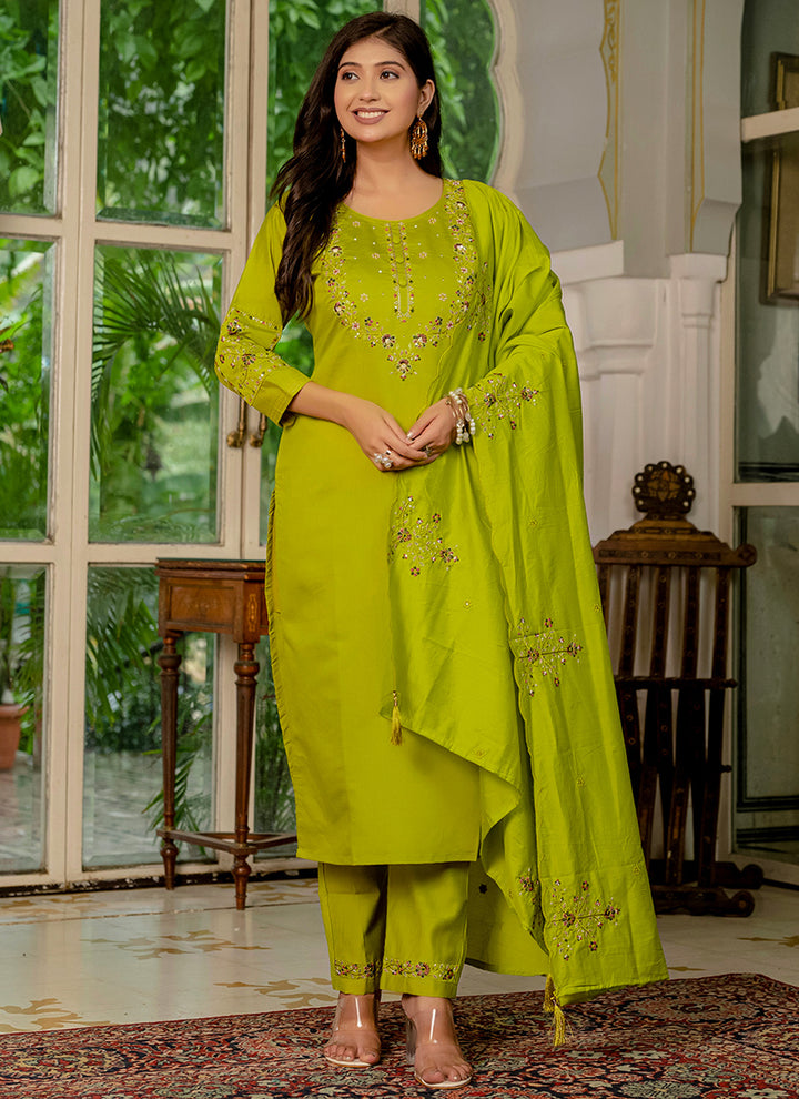 Marina Silk Embroidered Parrot Green Festive Kurta Set