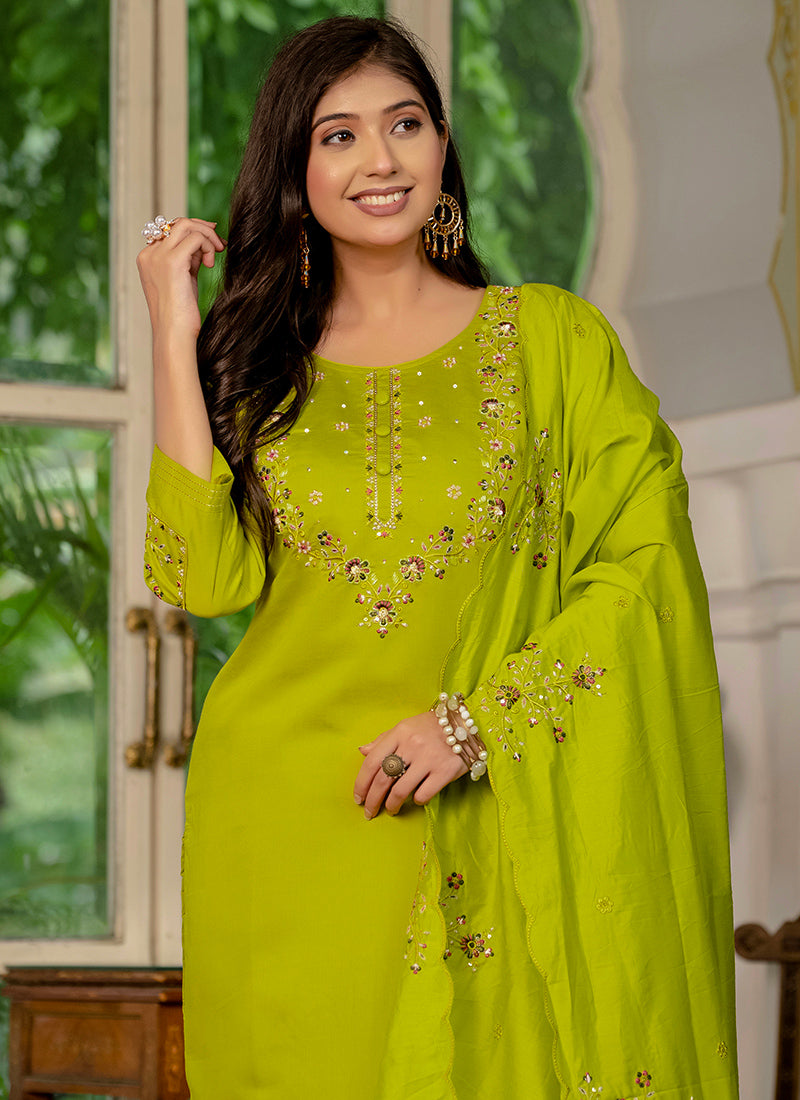 Marina Silk Embroidered Parrot Green Festive Kurta Set