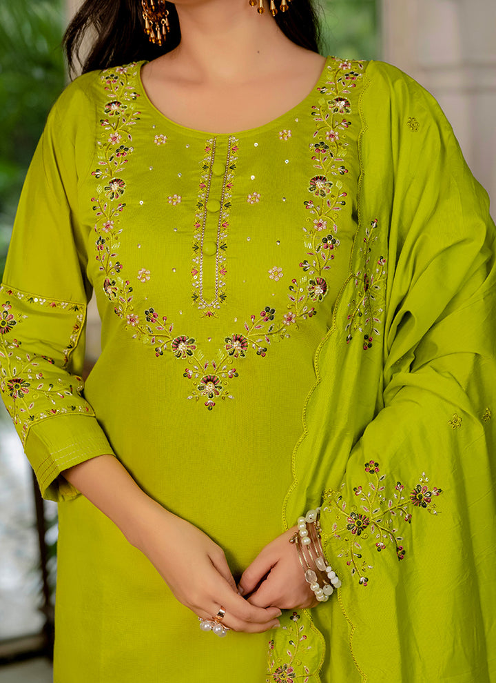 Marina Silk Embroidered Parrot Green Festive Kurta Set