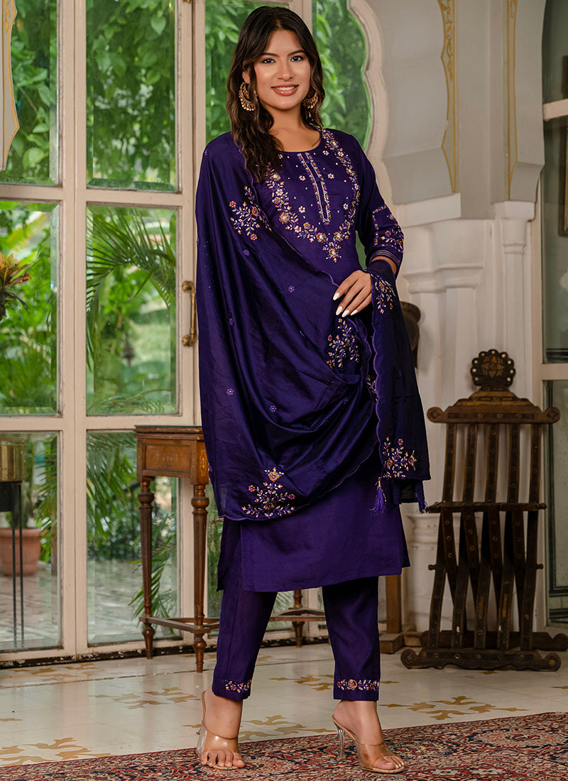 Violet Embroidered Marina Silk Festive Kurta Set