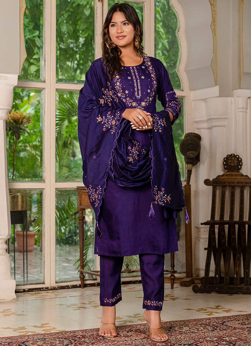 Violet Embroidered Marina Silk Festive Kurta Set