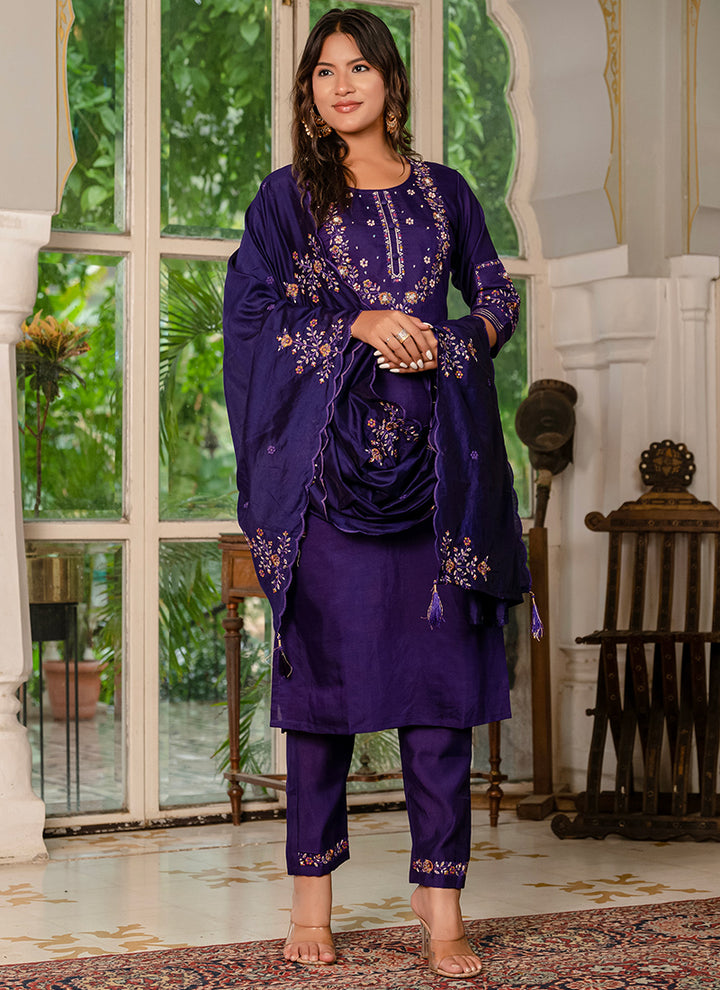 Violet Embroidered Marina Silk Festive Kurta Set