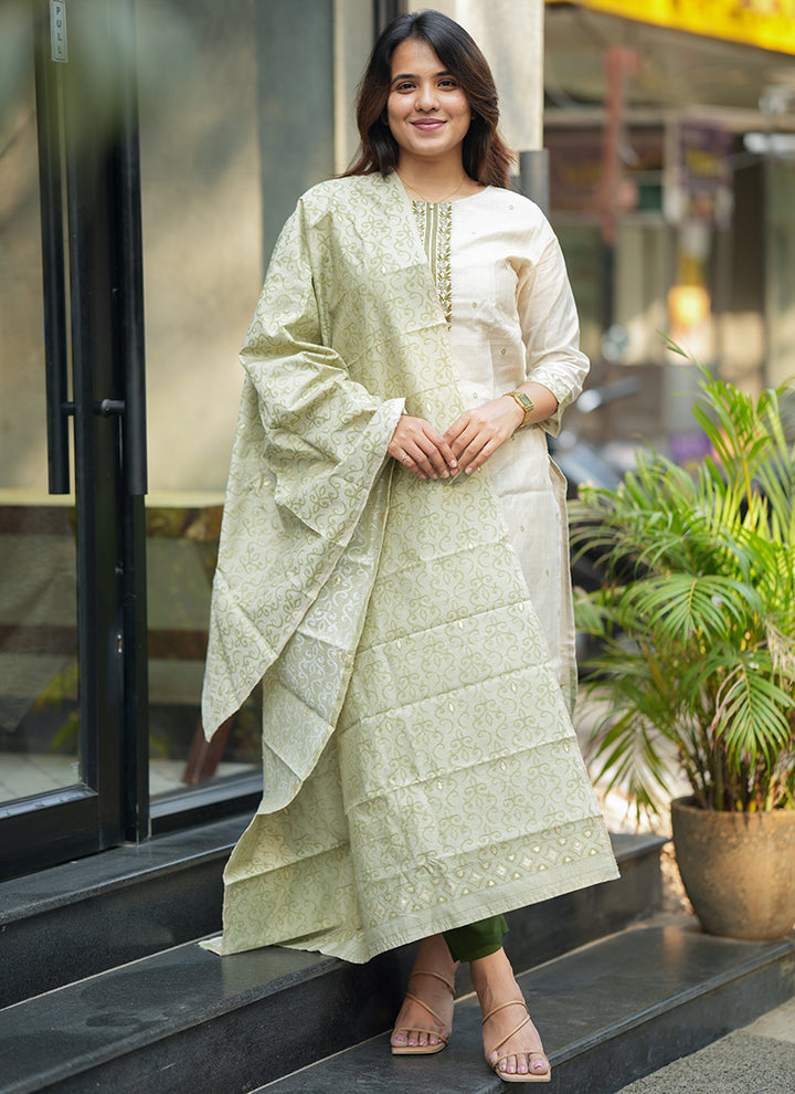 Cream And Green Woven Cotton Outwear Kurta And Dupatta