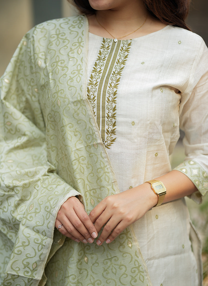 Cream And Green Woven Cotton Outwear Kurta And Dupatta