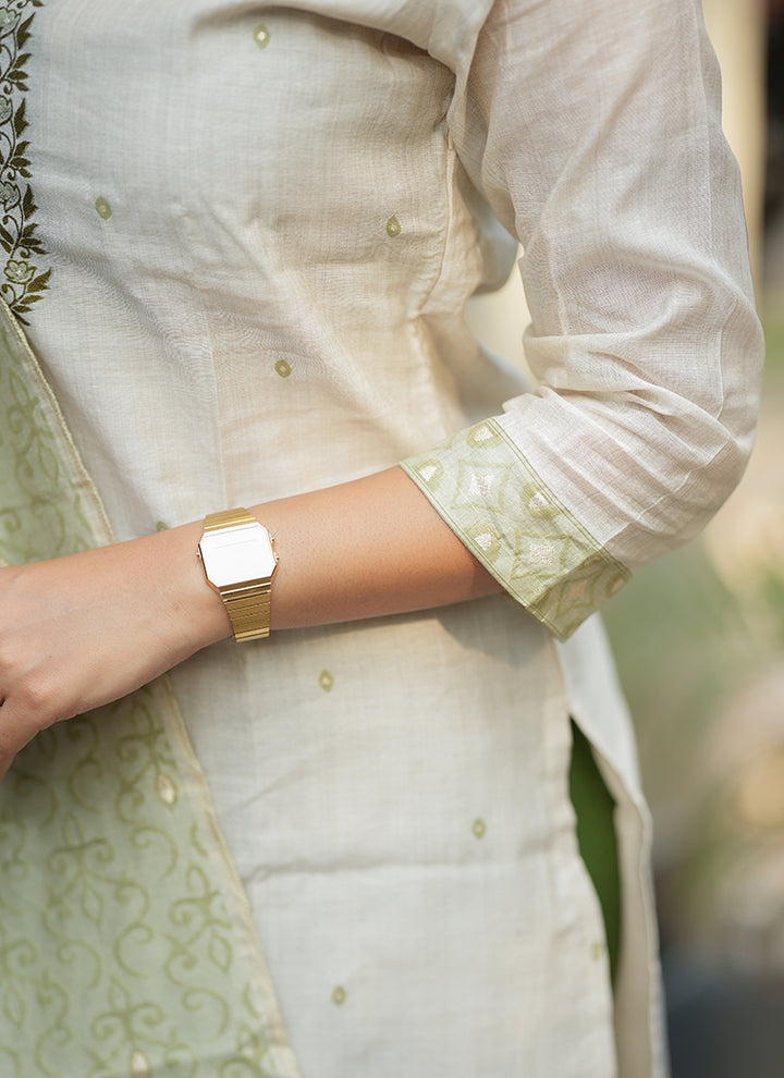 Cream And Green Woven Cotton Outwear Kurta And Dupatta