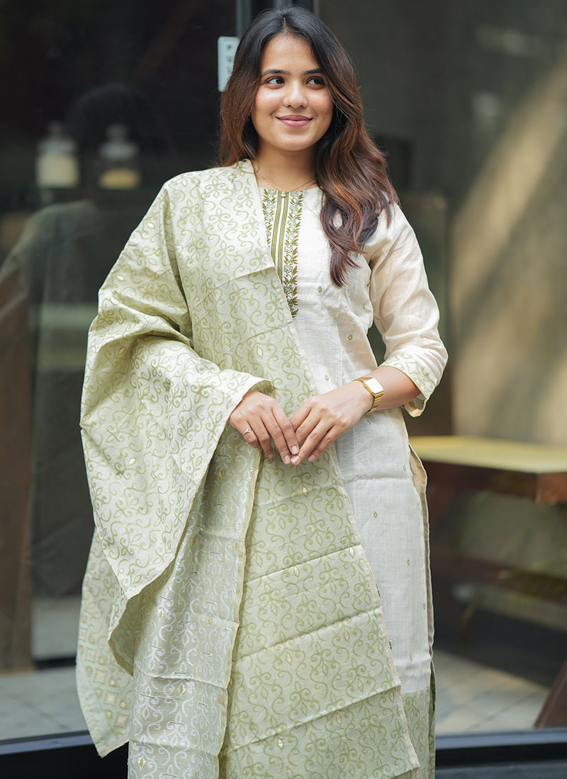 Cream And Green Woven Cotton Outwear Kurta And Dupatta