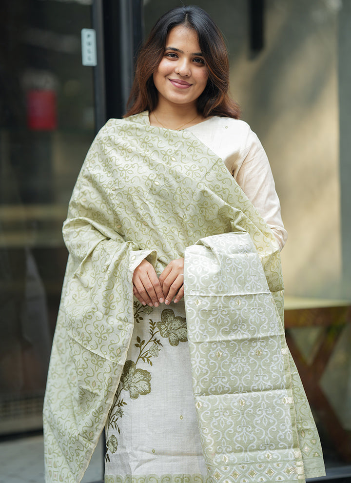 Cream And Green Woven Cotton Outwear Kurta And Dupatta