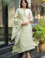 Cream And Green Woven Cotton Outwear Kurta And Dupatta