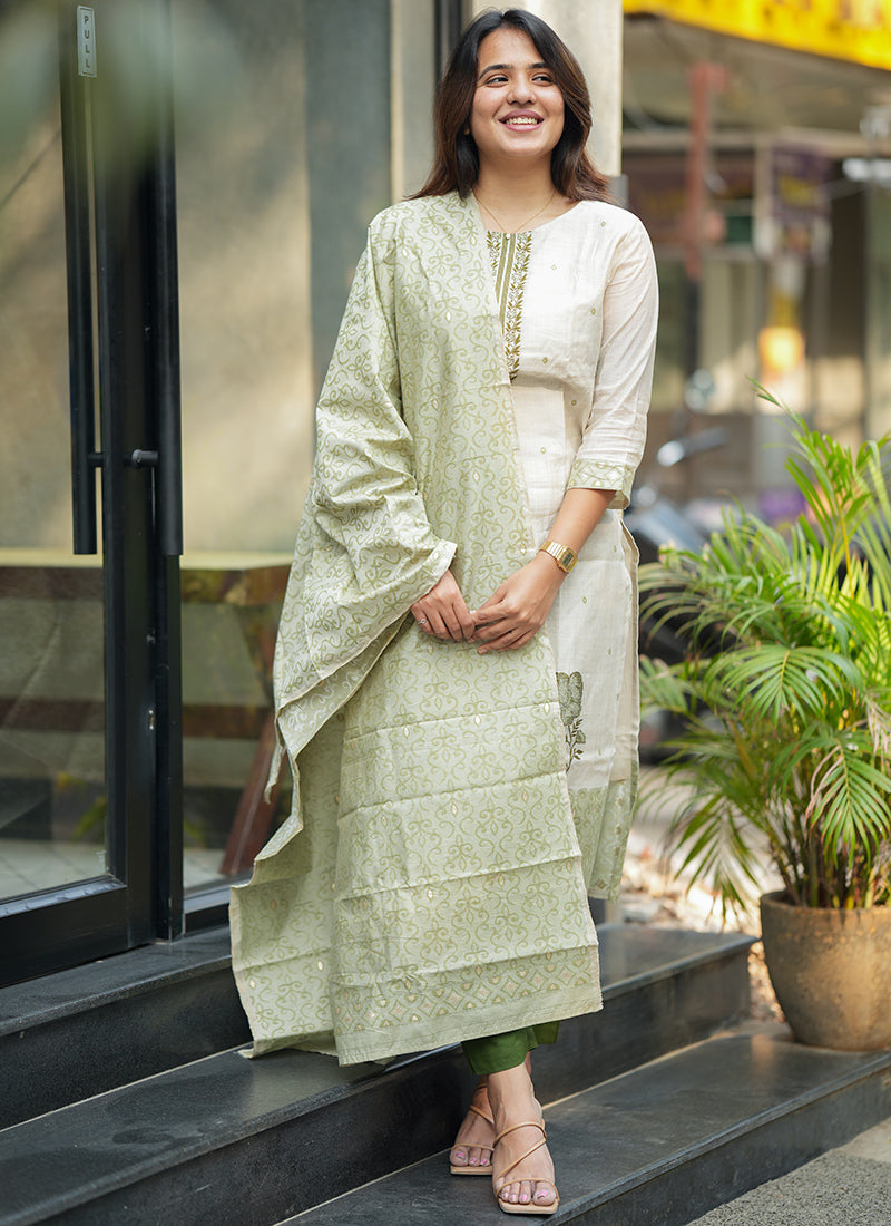 Cream And Green Woven Cotton Outwear Kurta And Dupatta