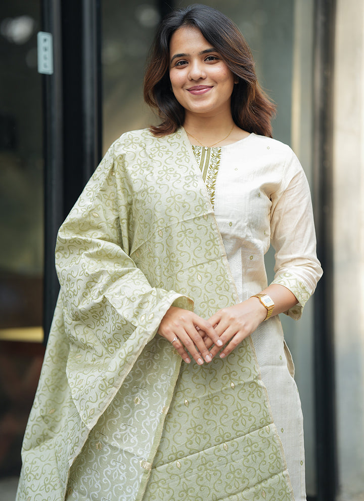 Cream And Green Woven Cotton Outwear Kurta And Dupatta