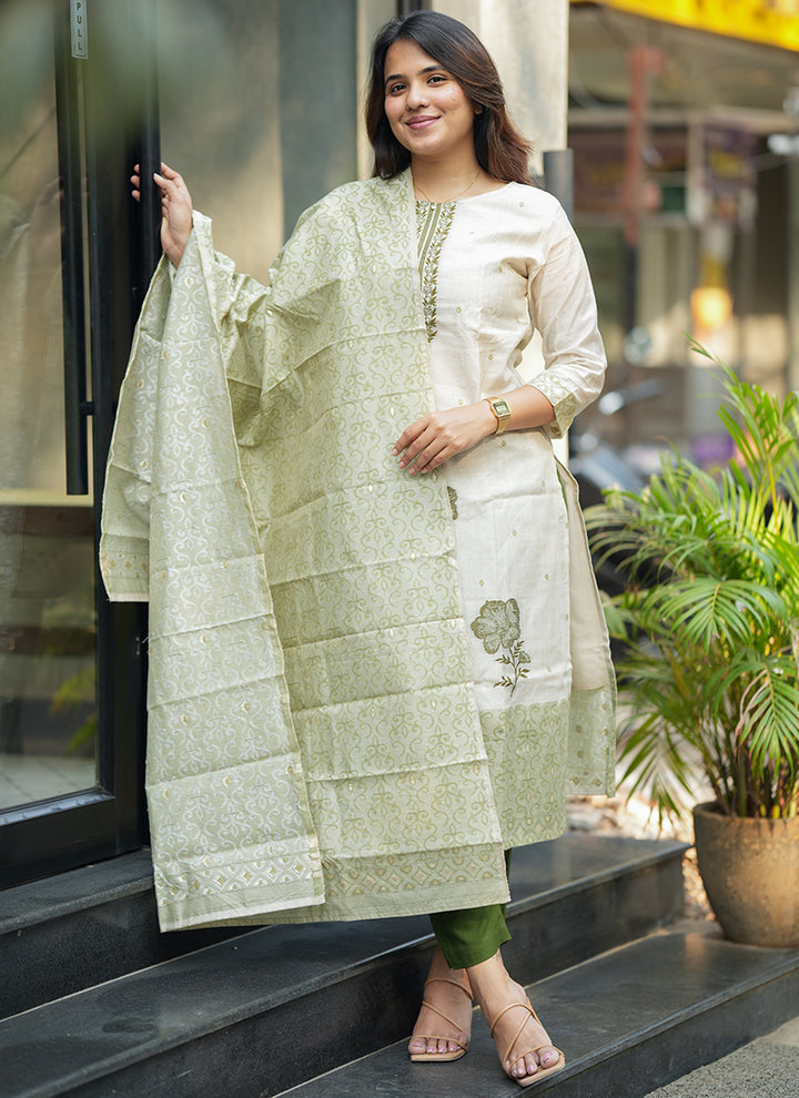 Cream And Green Woven Cotton Outwear Kurta And Dupatta