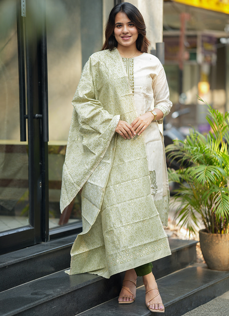 Cream And Green Woven Cotton Outwear Kurta And Dupatta