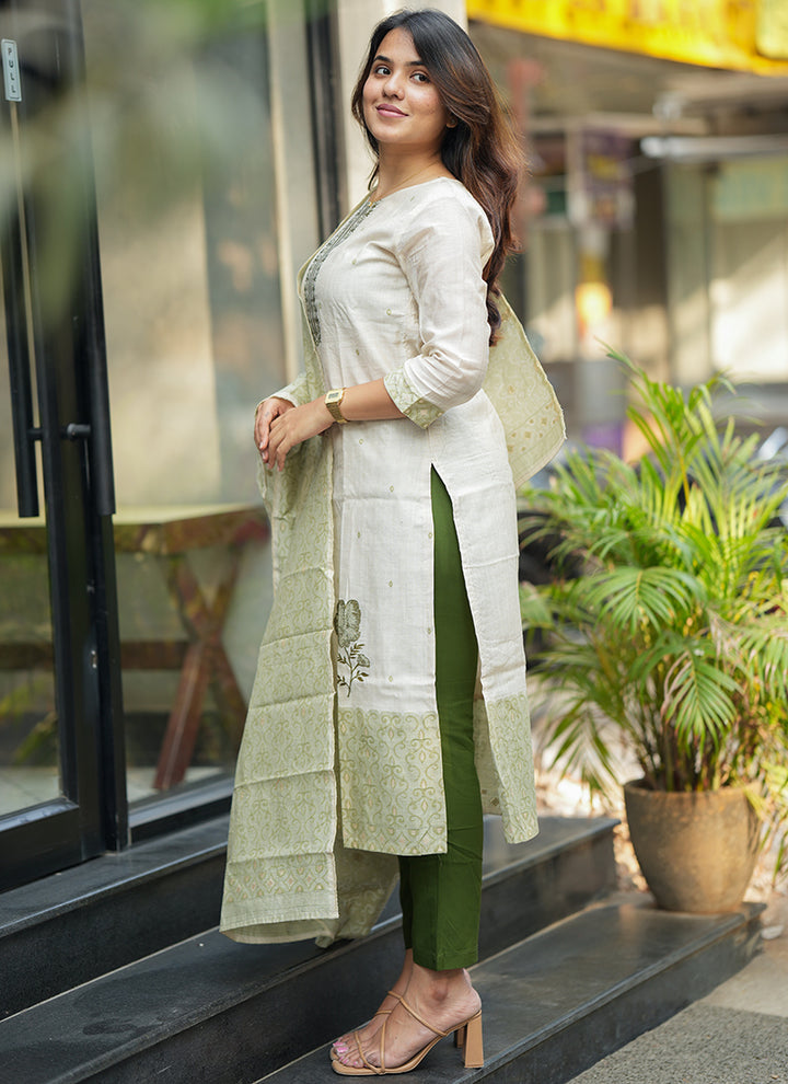 Cream And Green Woven Cotton Outwear Kurta And Dupatta