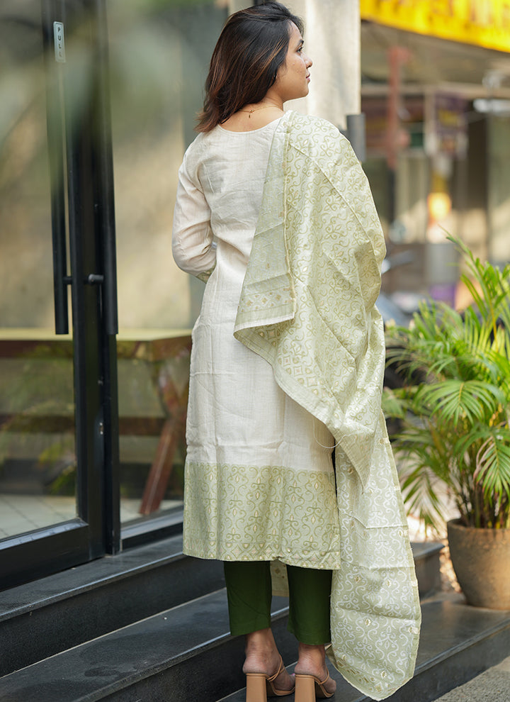 Cream And Green Woven Cotton Outwear Kurta And Dupatta