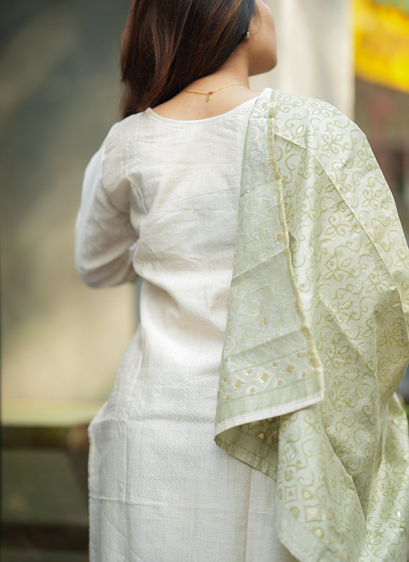 Cream And Green Woven Cotton Outwear Kurta And Dupatta